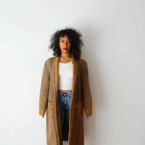 Vintage Wool Brown Paisley Trim Trench Coat